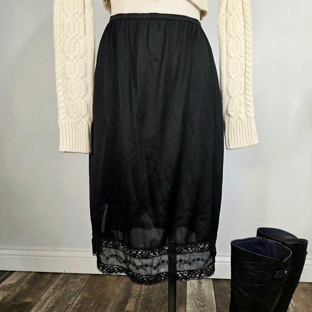 Vintage Semi Sheer Slip Skirt Lace Trim Size Small Black Midi Y2K Grunge Goth
